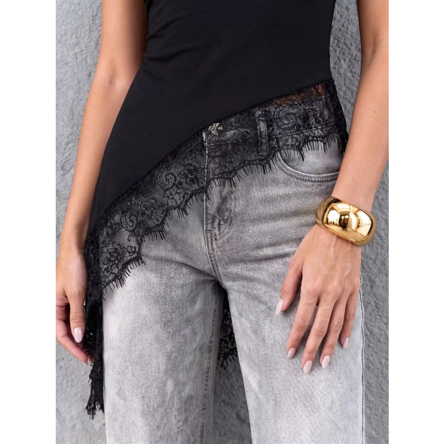 Asymmetrical One-Shoulder Cami with Lace Trim and Gold Hardware Apparel Accessories