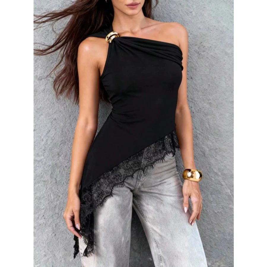 Asymmetrical One-Shoulder Cami with Lace Trim and Gold Hardware Black / S Apparel Accessories