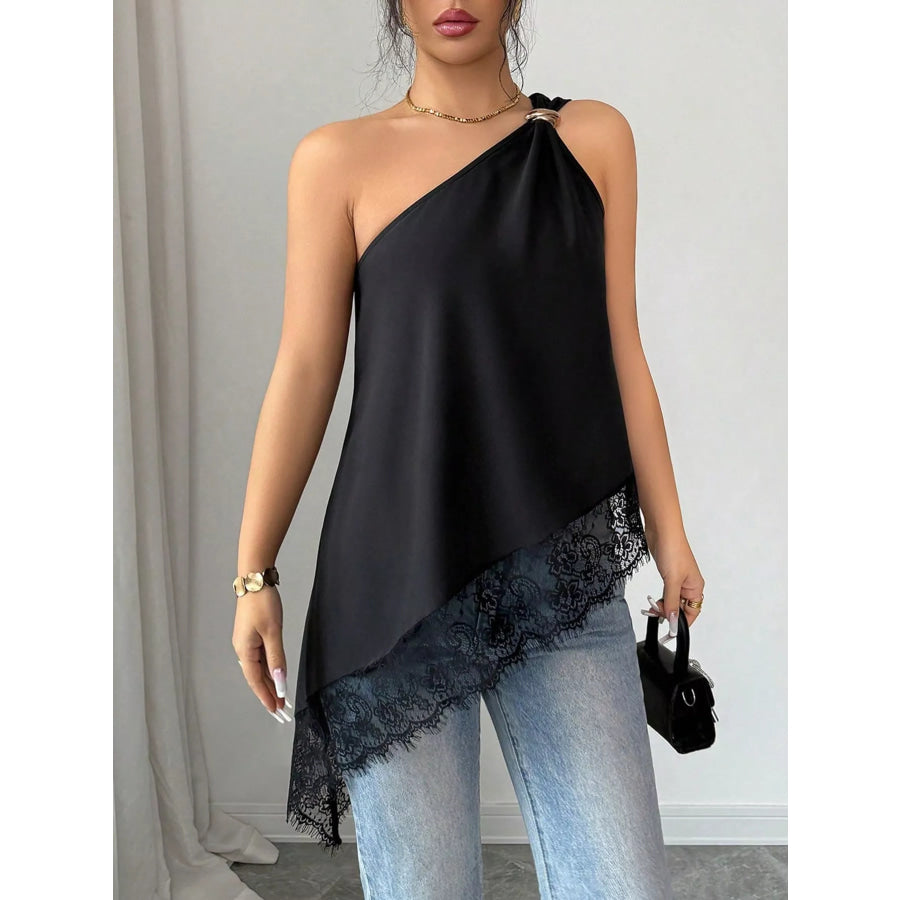 Asymmetrical One-Shoulder Lace Trim Cami Apparel and Accessories
