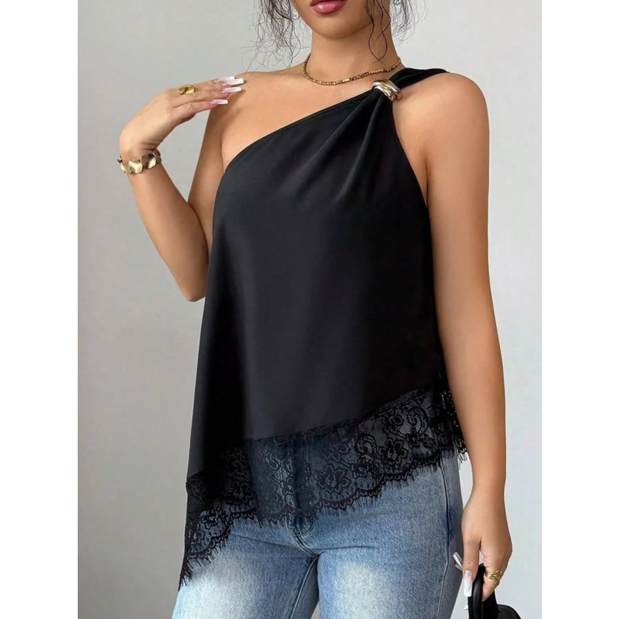 Asymmetrical One-Shoulder Lace Trim Cami Apparel and Accessories