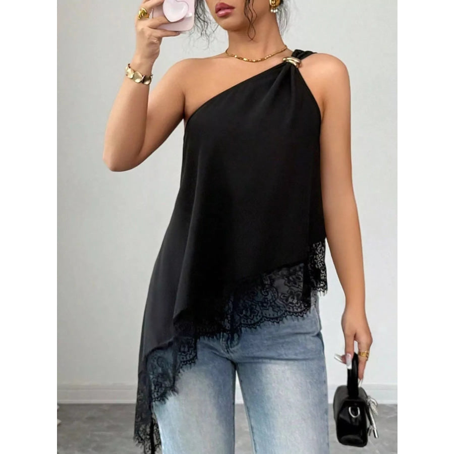 Asymmetrical One-Shoulder Lace Trim Cami Black / S Apparel and Accessories