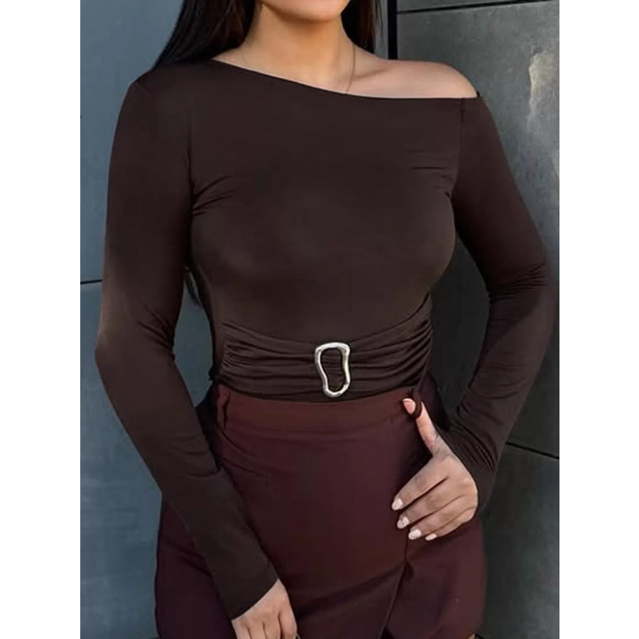 Asymmetrical One-Shoulder Long Sleeve T-Shirt with Metal Buckle Detail Apparel and Accessories