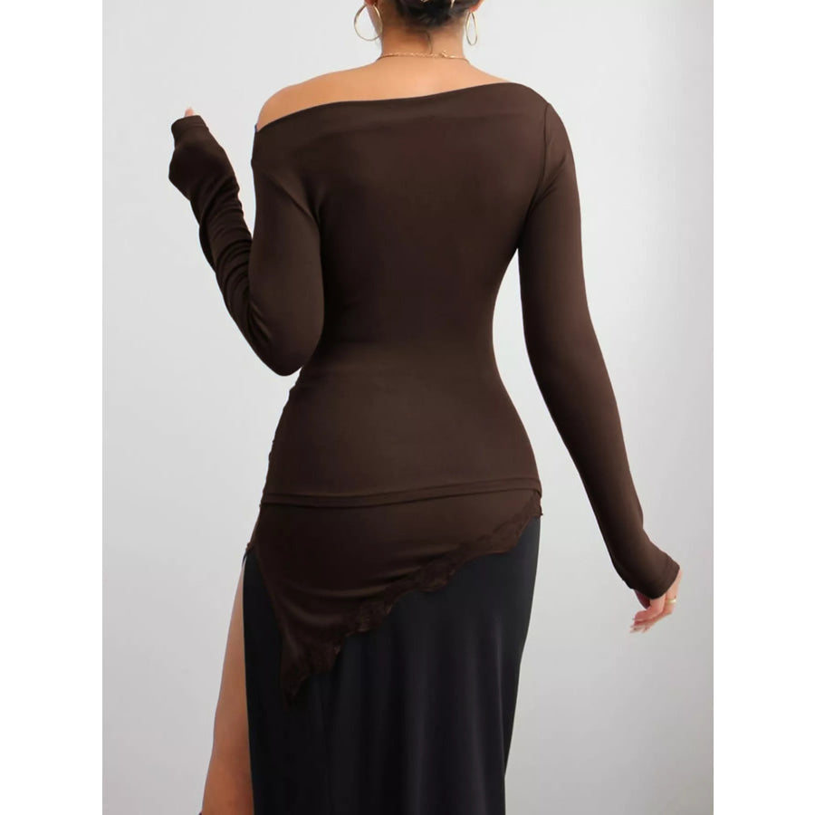 Asymmetrical One-Shoulder Ruched T-Shirt with Lace Trim Apparel and Accessories