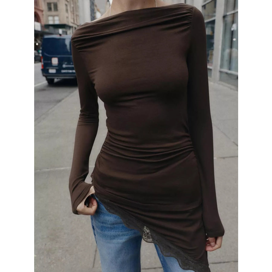 Asymmetrical One-Shoulder Ruched T-Shirt with Lace Trim Apparel and Accessories
