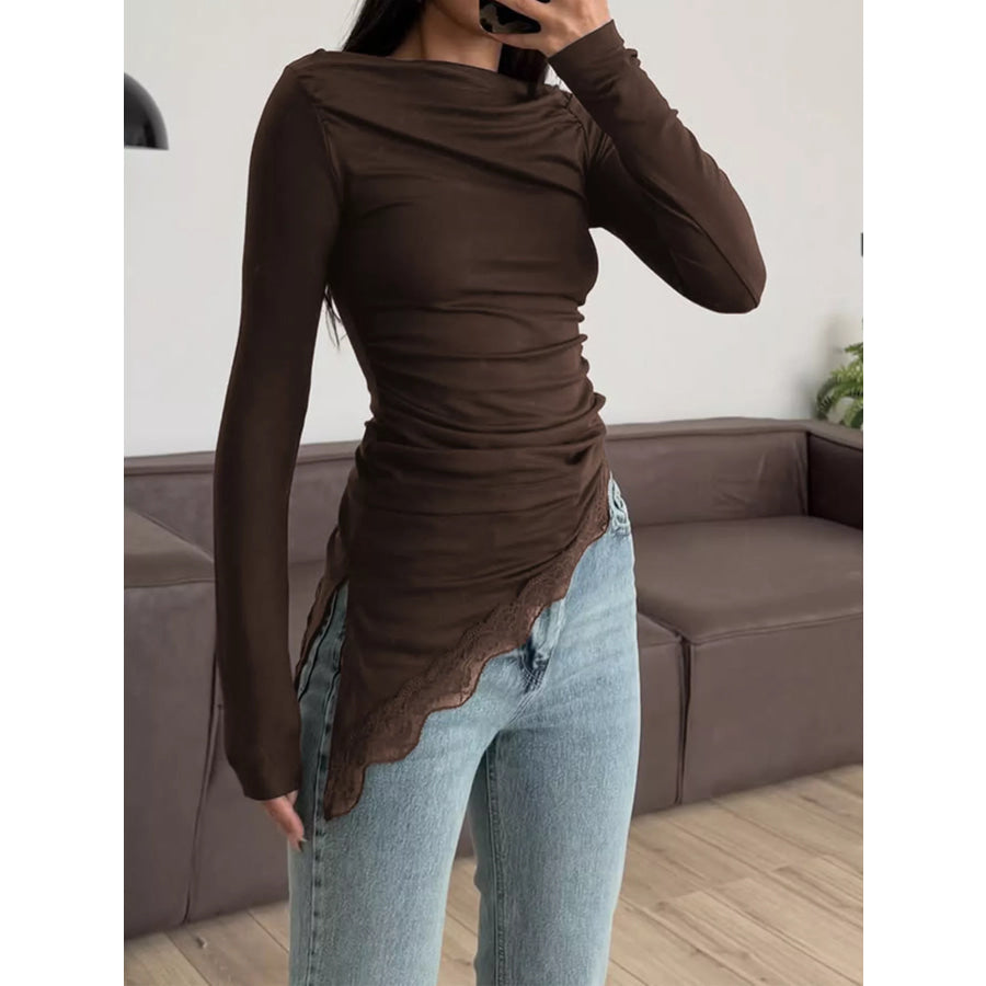 Asymmetrical One-Shoulder Ruched T-Shirt with Lace Trim Brown / S Apparel and Accessories