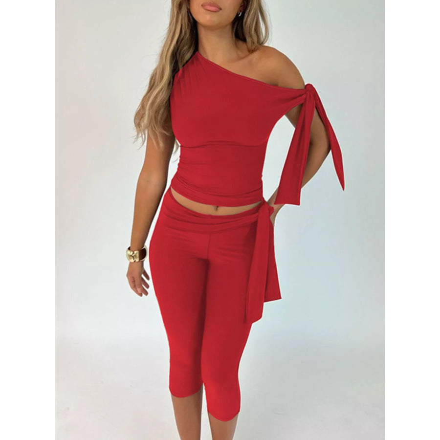 Asymmetrical One-Shoulder Top and Capris Set Red / XS Apparel and Accessories