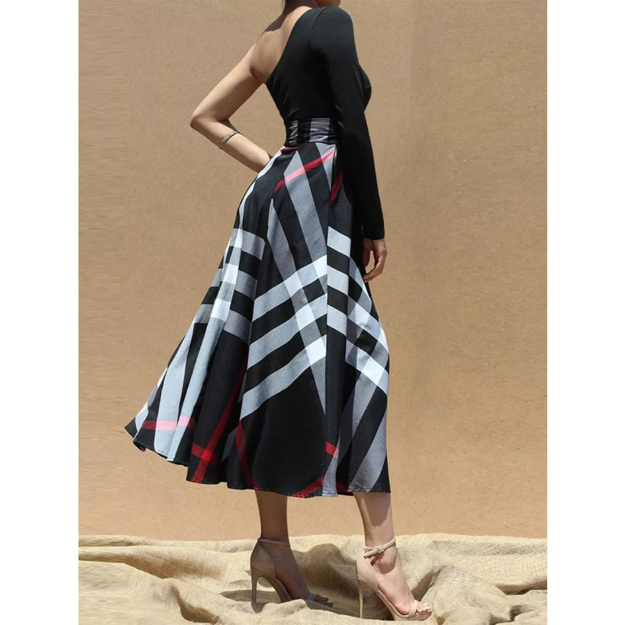 Asymmetrical One-Sleeve Plaid Midi Dress with Waist Tie Apparel and Accessories