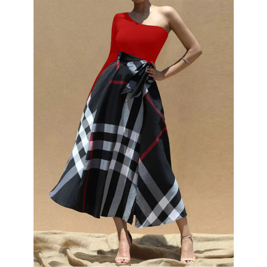 Asymmetrical One-Sleeve Plaid Midi Dress with Waist Tie Apparel and Accessories