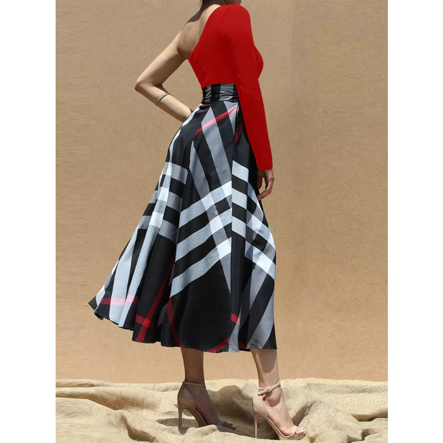 Asymmetrical One-Sleeve Plaid Midi Dress with Waist Tie Apparel and Accessories