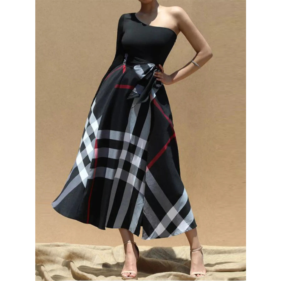 Asymmetrical One-Sleeve Plaid Midi Dress with Waist Tie Apparel and Accessories