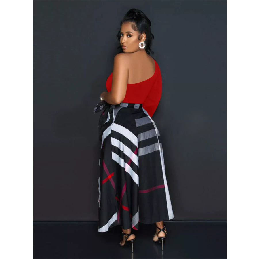 Asymmetrical One-Sleeve Plaid Midi Dress with Waist Tie Apparel and Accessories