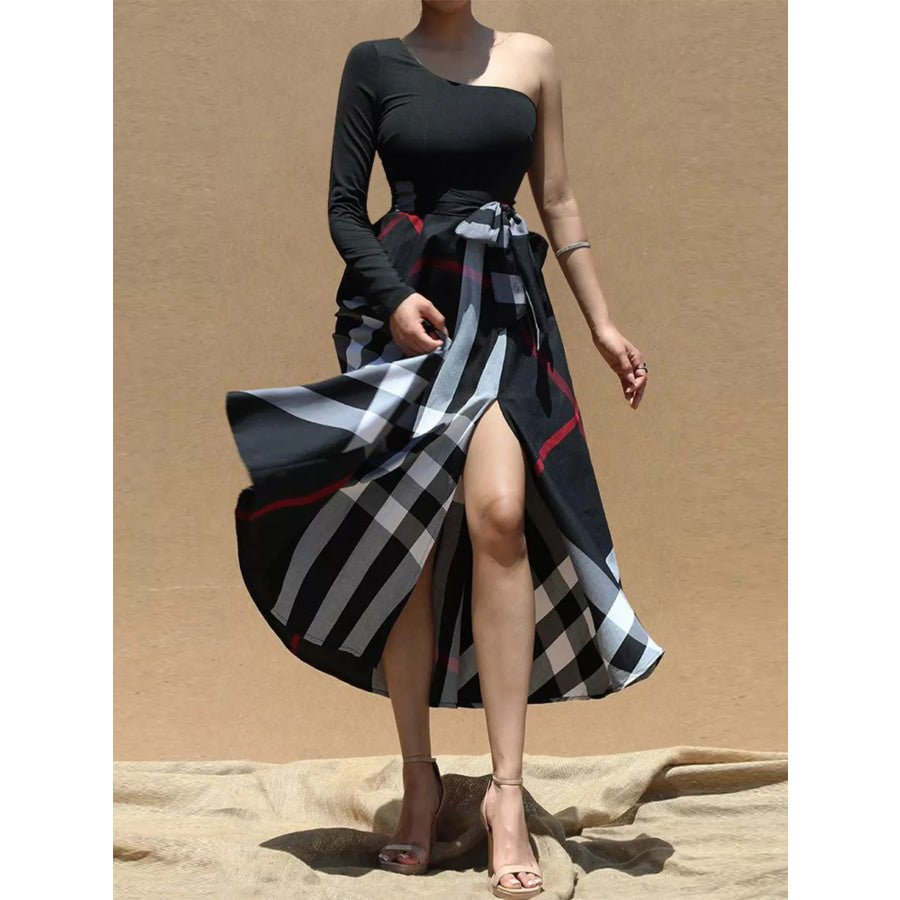 Asymmetrical One-Sleeve Plaid Midi Dress with Waist Tie Apparel and Accessories