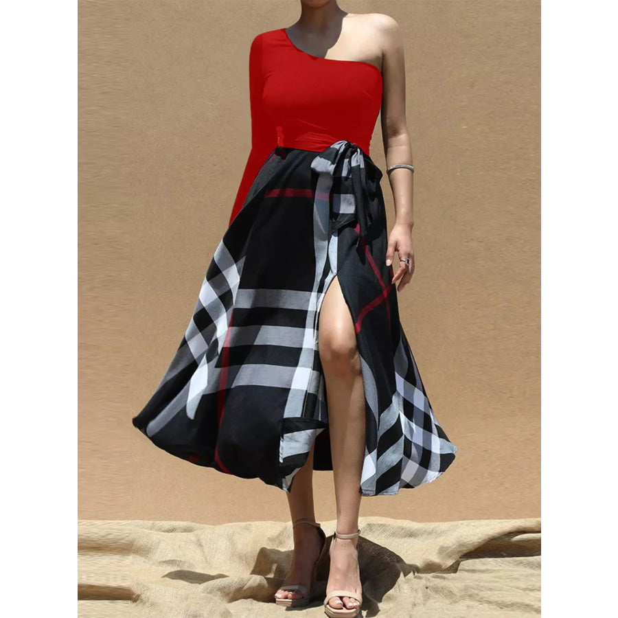 Asymmetrical One-Sleeve Plaid Midi Dress with Waist Tie Apparel and Accessories