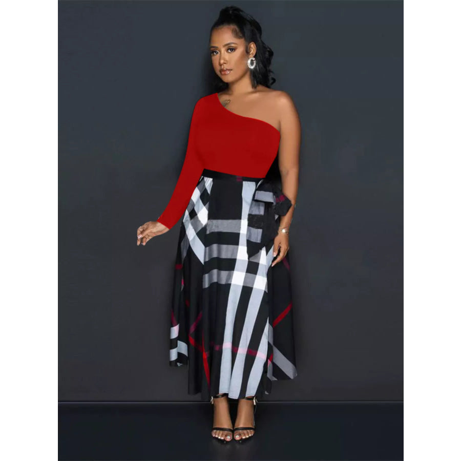 Asymmetrical One-Sleeve Plaid Midi Dress with Waist Tie Apparel and Accessories