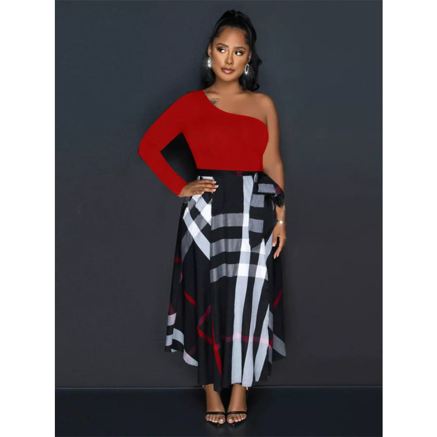 Asymmetrical One-Sleeve Plaid Midi Dress with Waist Tie Apparel and Accessories