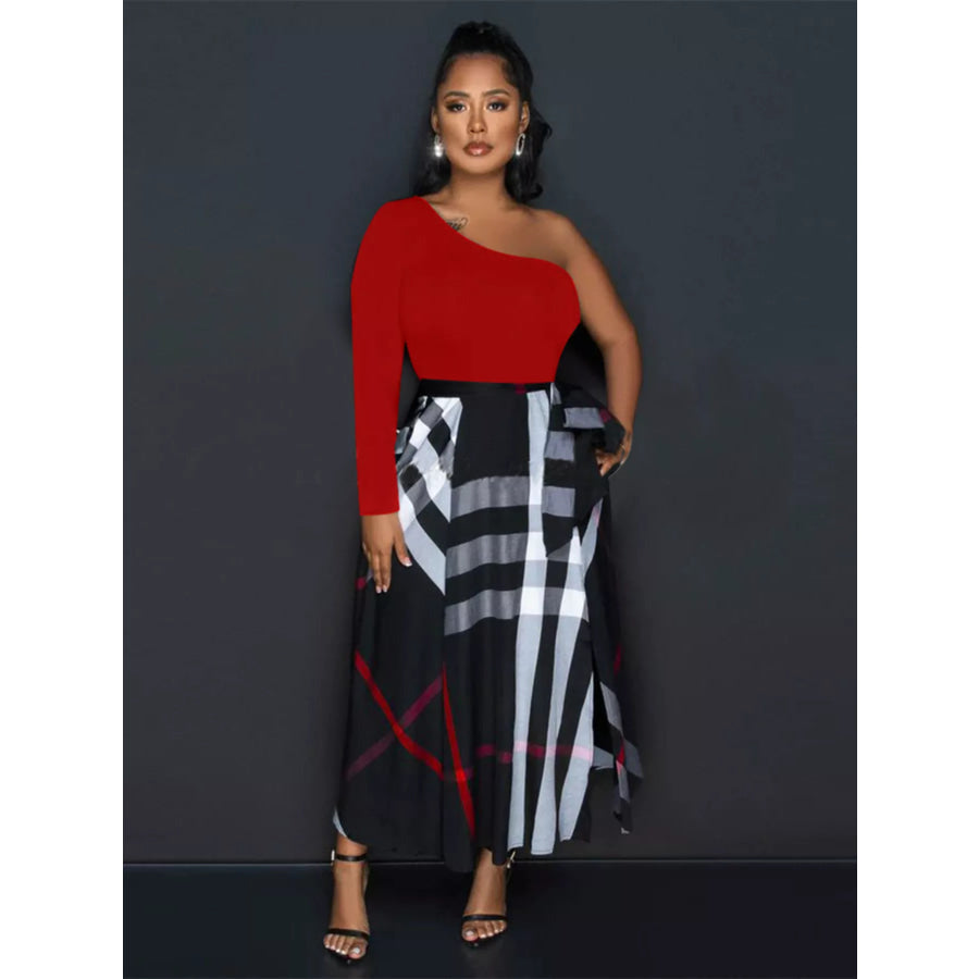 Asymmetrical One-Sleeve Plaid Midi Dress with Waist Tie Apparel and Accessories