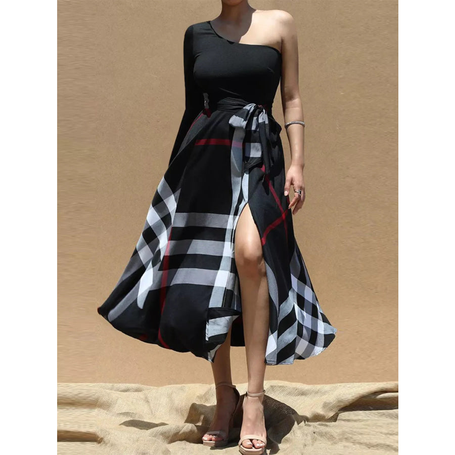 Asymmetrical One-Sleeve Plaid Midi Dress with Waist Tie Black / S Apparel and Accessories