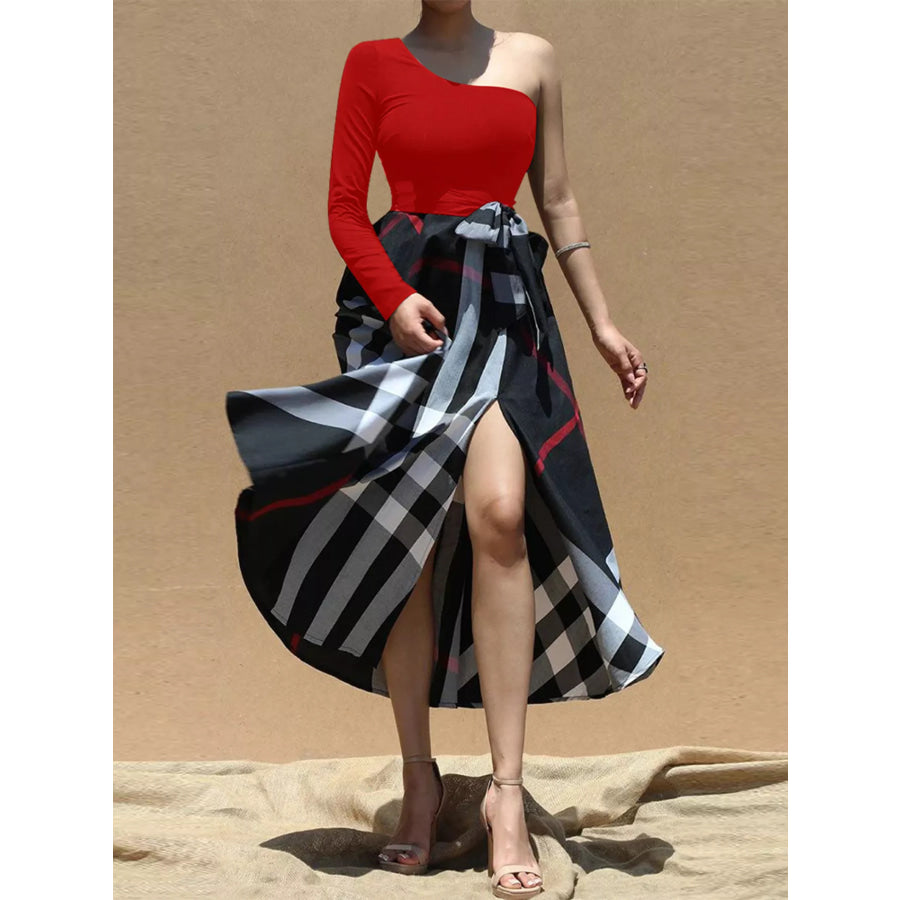 Asymmetrical One-Sleeve Plaid Midi Dress with Waist Tie Red / S Apparel and Accessories
