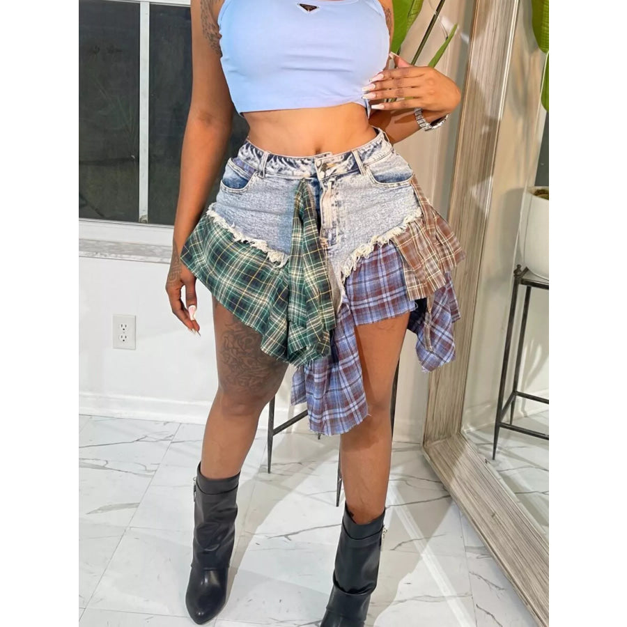 Asymmetrical Patchwork Plaid Denim Skirt Apparel and Accessories