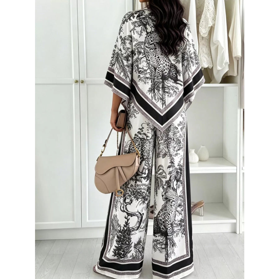 Asymmetrical Printed Top and Wide-Leg Pants Set Apparel and Accessories