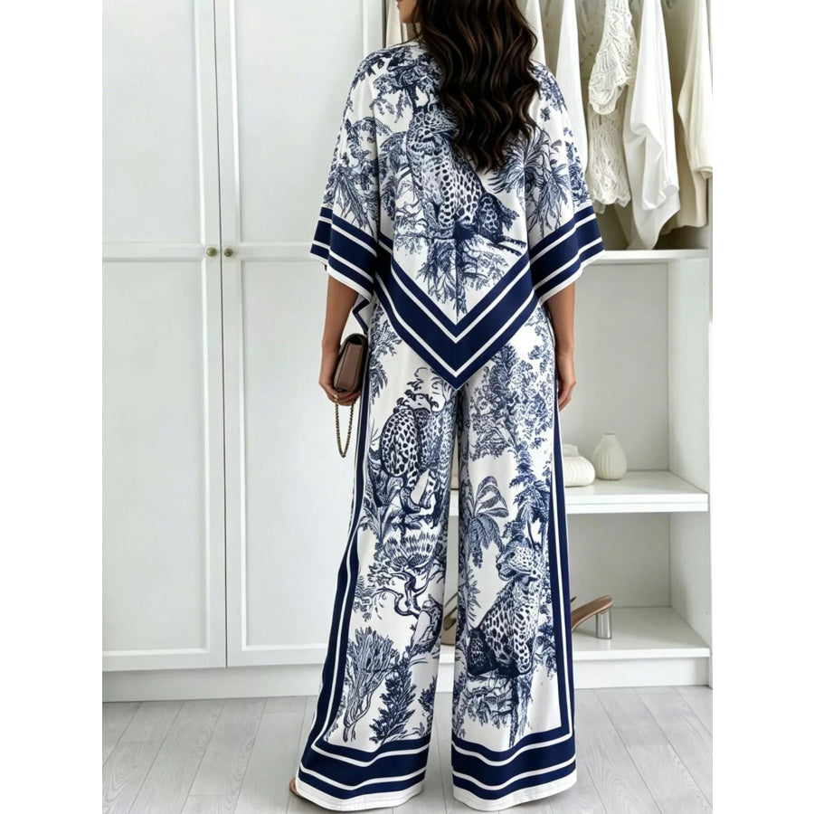 Asymmetrical Printed Top and Wide-Leg Pants Set Navy Blue / S Apparel and Accessories