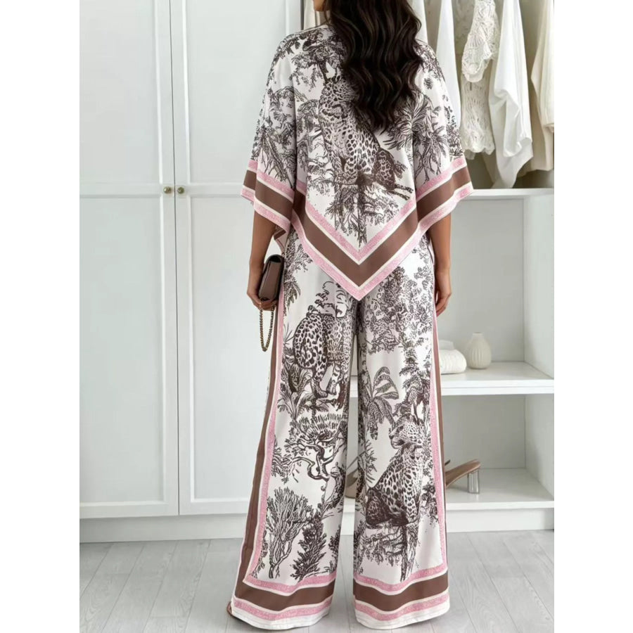 Asymmetrical Printed Top and Wide-Leg Pants Set Apparel and Accessories