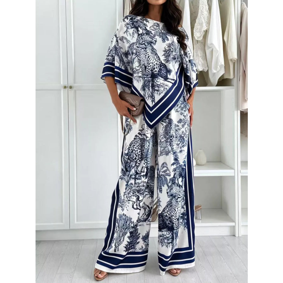 Asymmetrical Printed Top and Wide-Leg Pants Set Navy Blue / S Apparel and Accessories