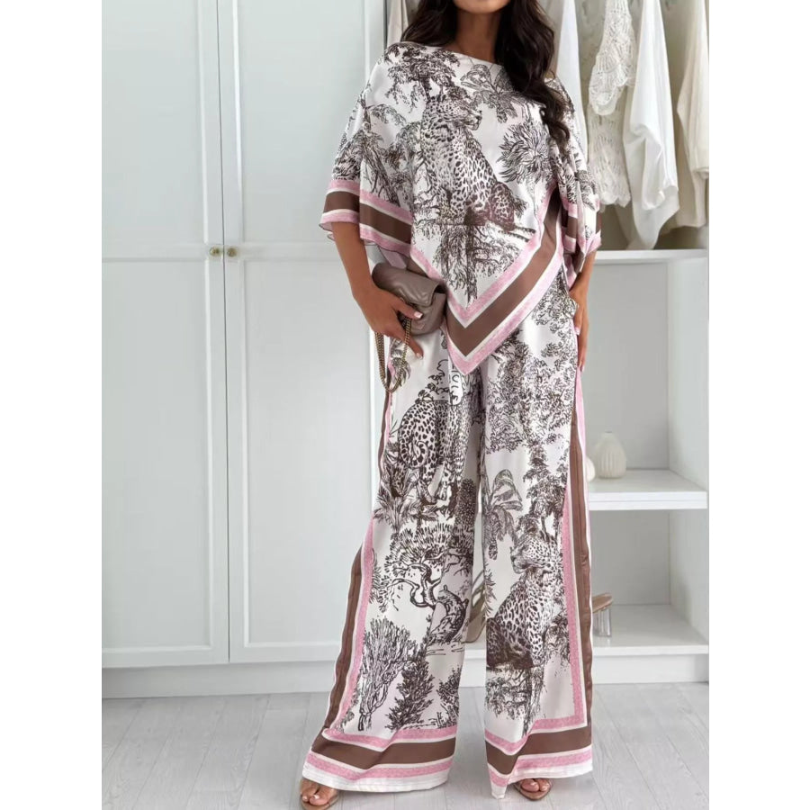 Asymmetrical Printed Top and Wide-Leg Pants Set Pink / S Apparel and Accessories