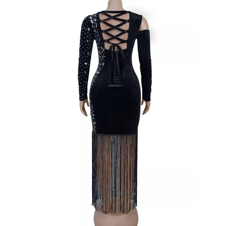 Asymmetrical Rhinestone Fringe Dress Apparel and Accessories