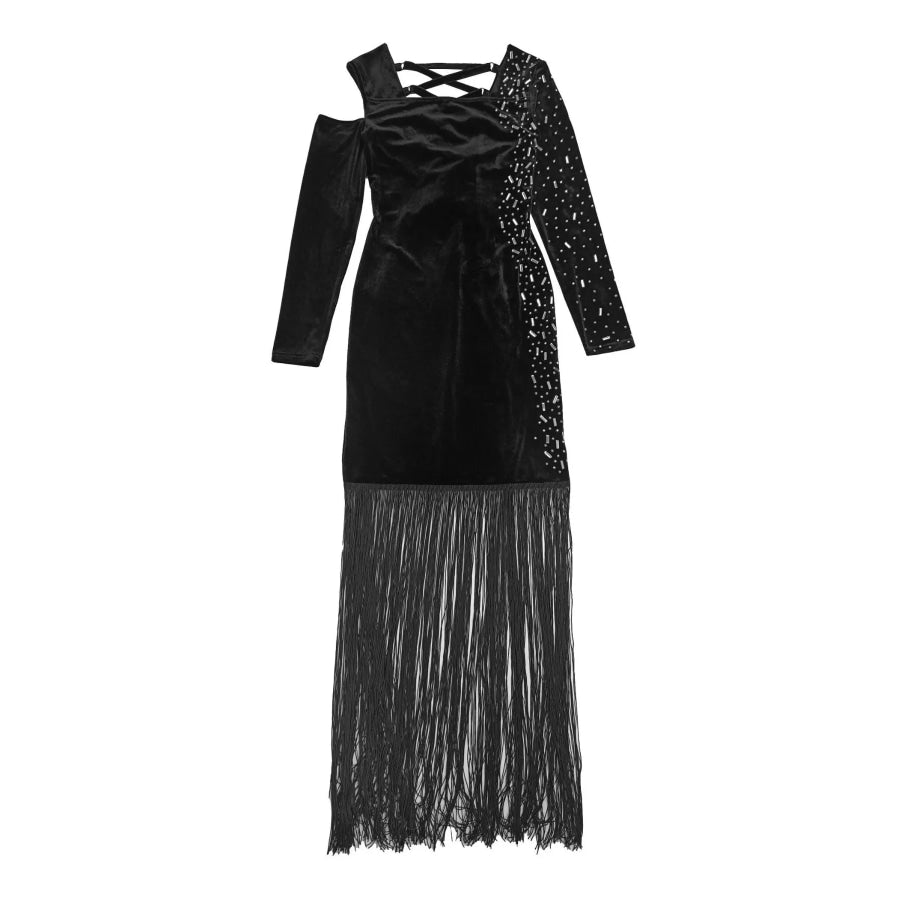 Asymmetrical Rhinestone Fringe Dress Apparel and Accessories