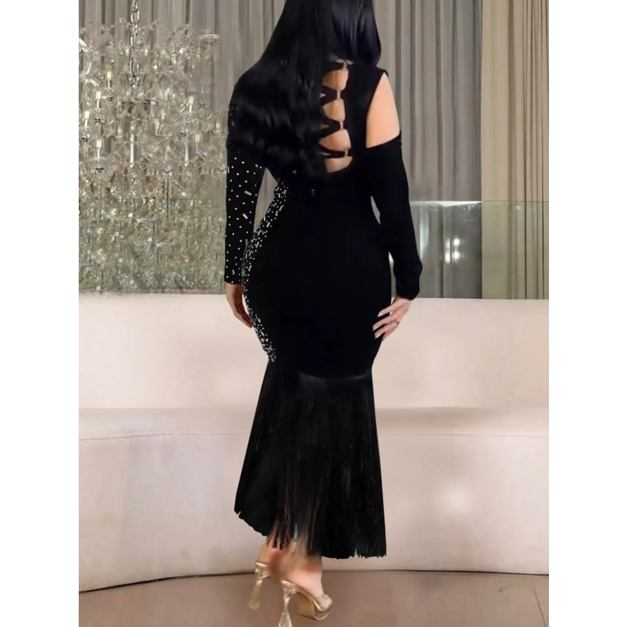 Asymmetrical Rhinestone Fringe Dress Apparel and Accessories