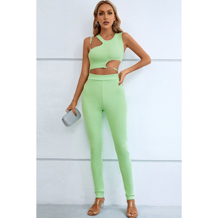 Asymmetrical Ribbed Cutout Tank and Pants Set Light Green / S