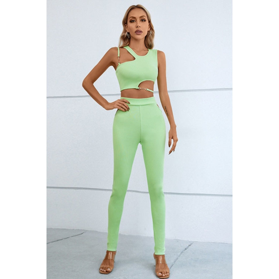 Asymmetrical Ribbed Cutout Tank and Pants Set