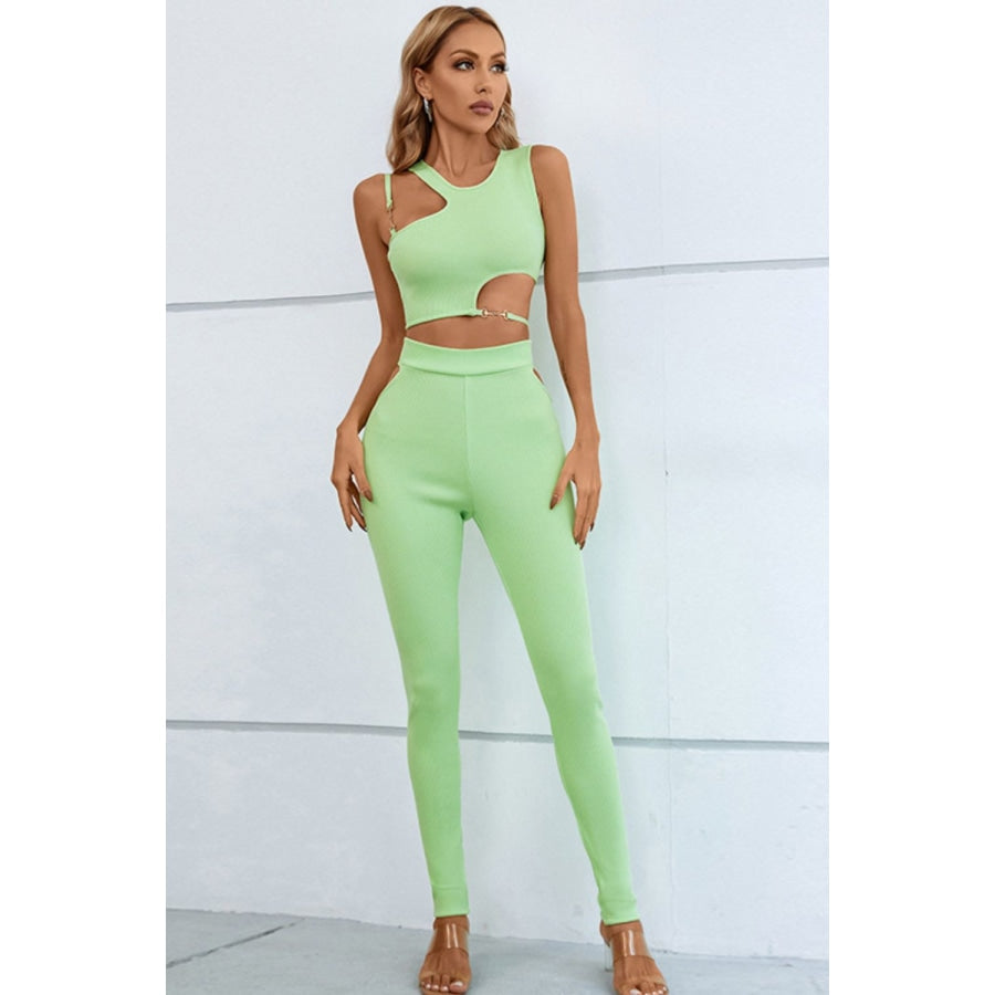 Asymmetrical Ribbed Cutout Tank and Pants Set