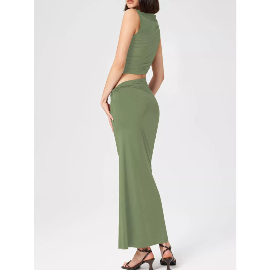 Asymmetrical Ruched Knit Top and Skirt Set Apparel and Accessories