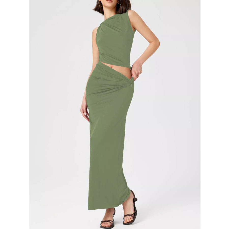 Asymmetrical Ruched Knit Top and Skirt Set Apparel and Accessories