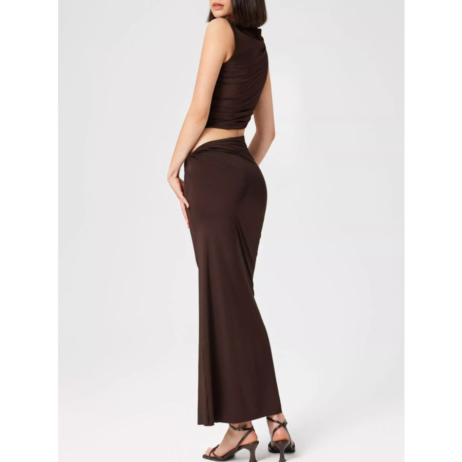 Asymmetrical Ruched Knit Top and Skirt Set Apparel and Accessories