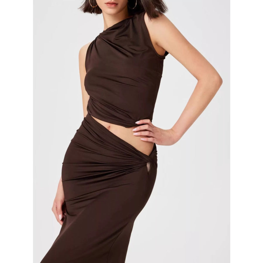 Asymmetrical Ruched Knit Top and Skirt Set Apparel and Accessories