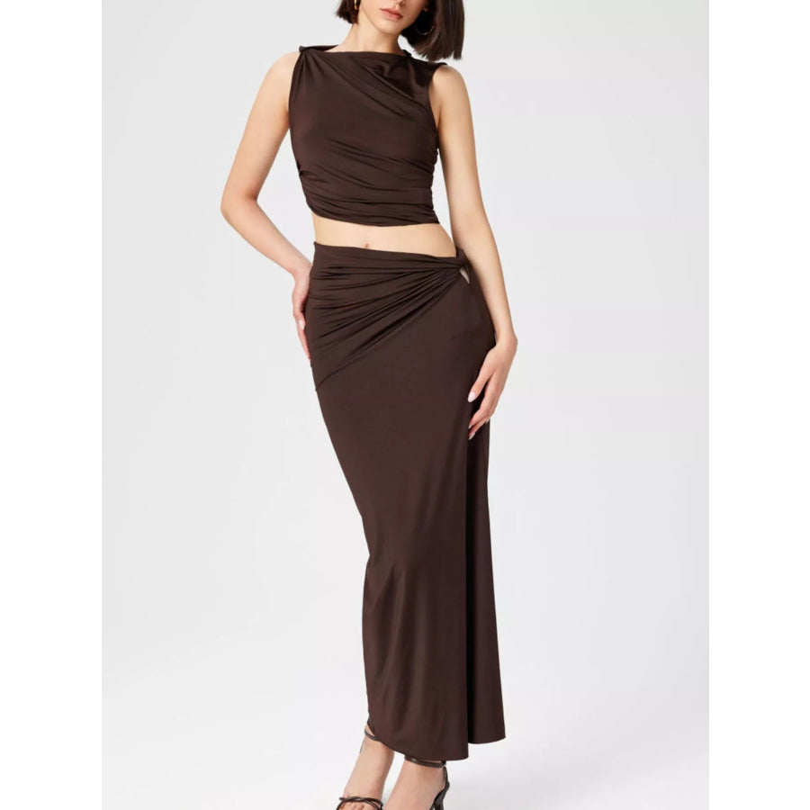 Asymmetrical Ruched Knit Top and Skirt Set Dark Brown / XXS Apparel and Accessories