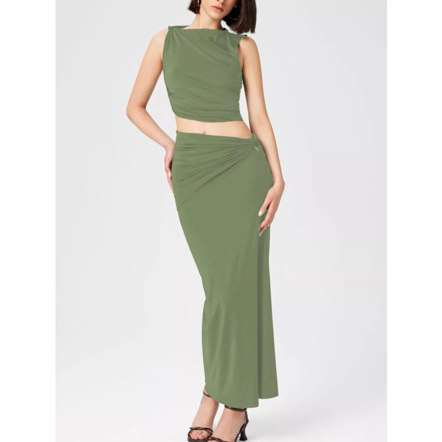 Asymmetrical Ruched Knit Top and Skirt Set Yellow Green / XXS Apparel and Accessories