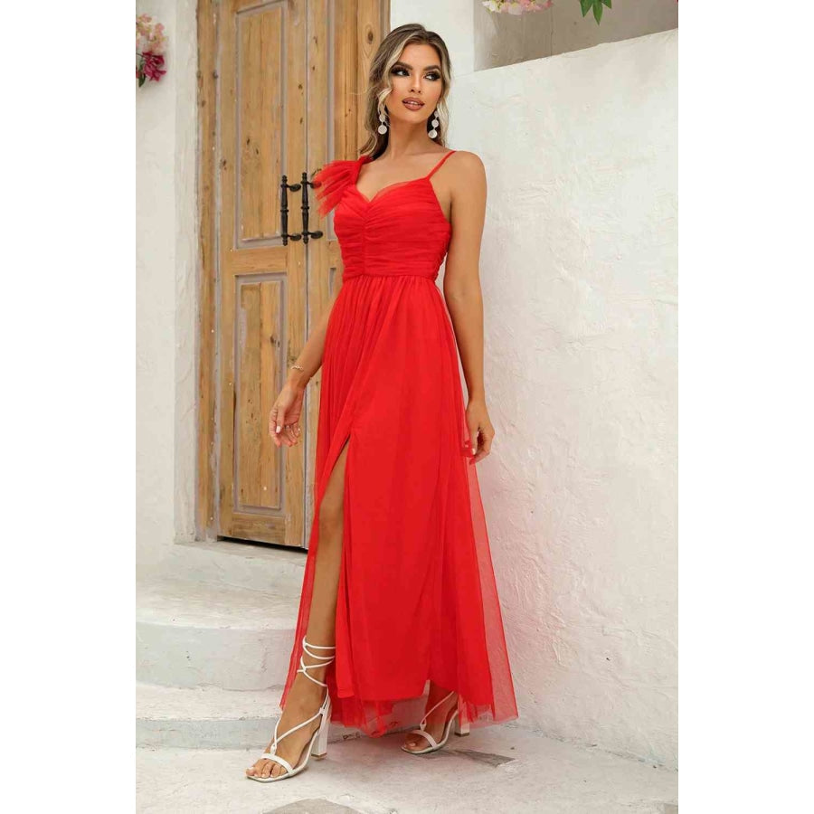 Asymmetrical Ruched Slit Dress Red / XS