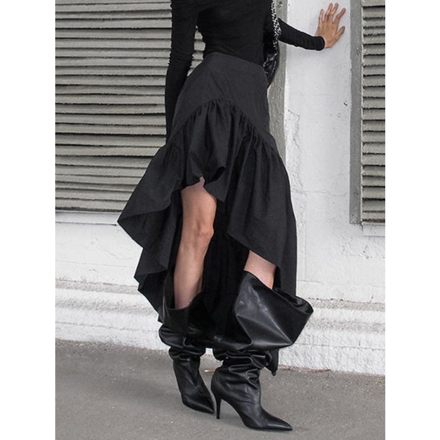 Asymmetrical Ruffle Hem Midi Skirt Apparel and Accessories