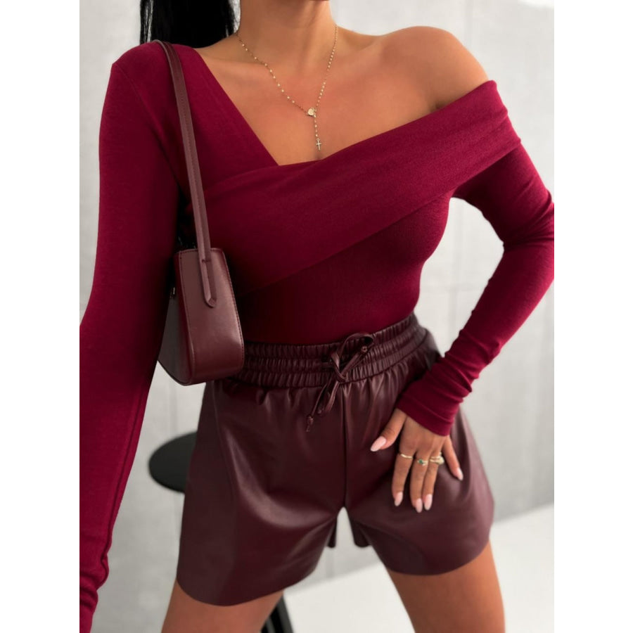 Asymmetrical Single Shoulder Long Sleeve T-Shirt Burgundy / S Apparel and Accessories