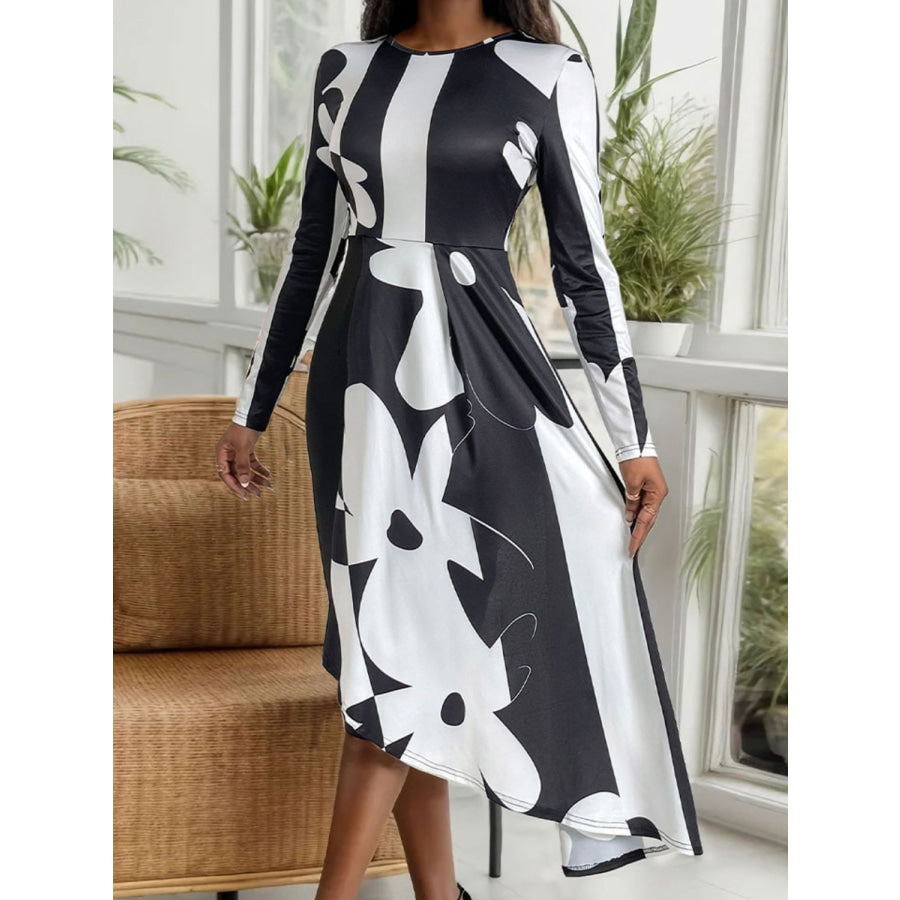 Asymmetrical Slit Round Neck Long Sleeve Midi Dress Apparel and Accessories