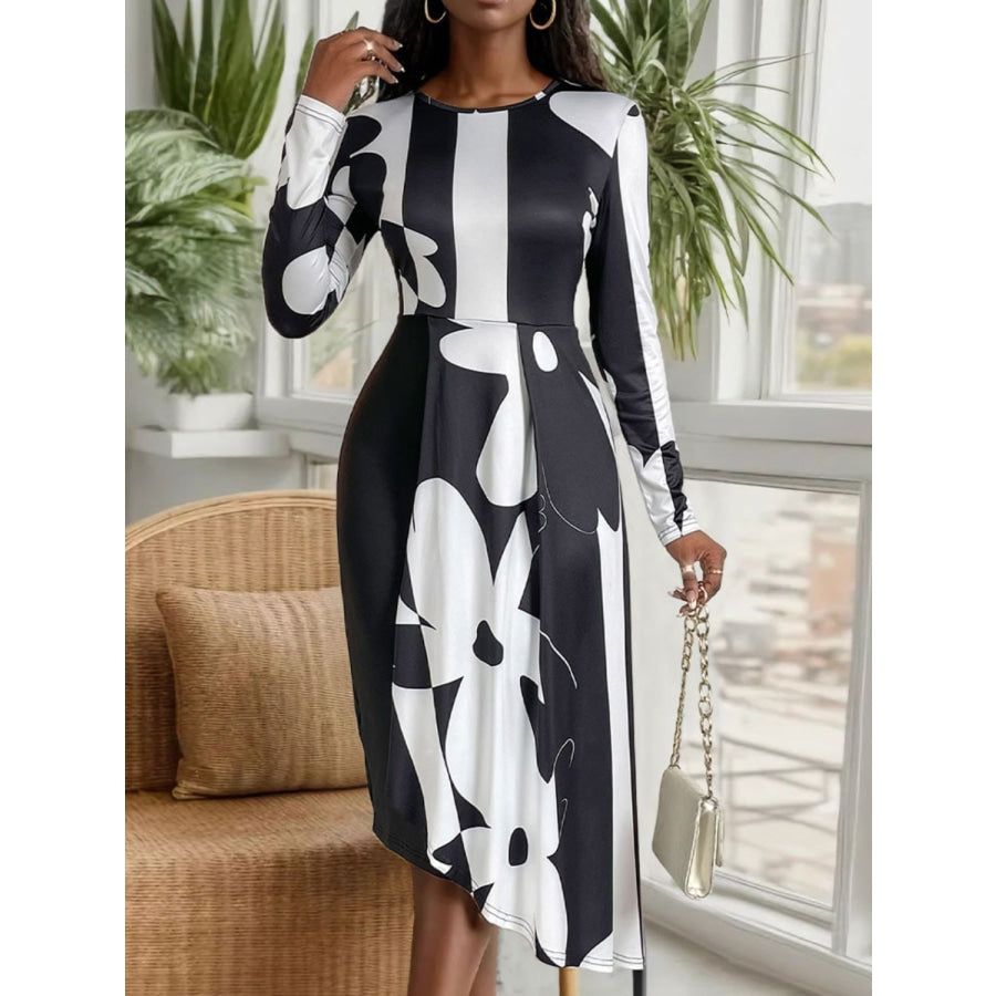 Asymmetrical Slit Round Neck Long Sleeve Midi Dress Apparel and Accessories