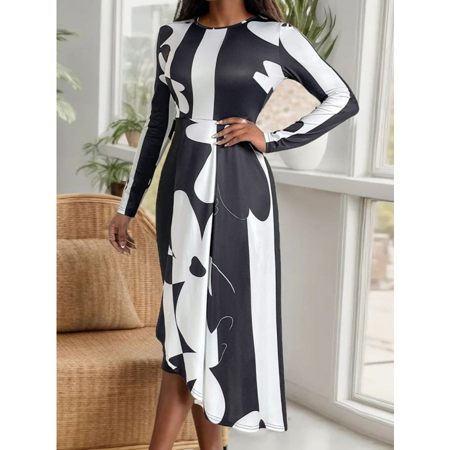 Asymmetrical Slit Round Neck Long Sleeve Midi Dress Apparel and Accessories