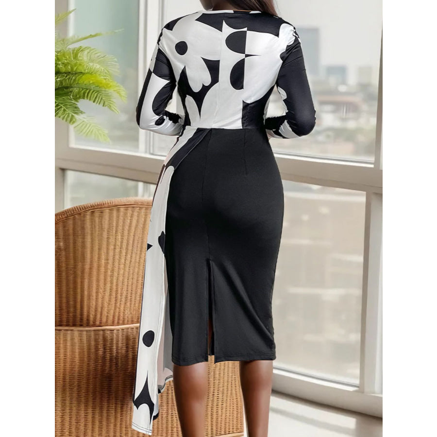 Asymmetrical Slit Round Neck Long Sleeve Midi Dress Apparel and Accessories