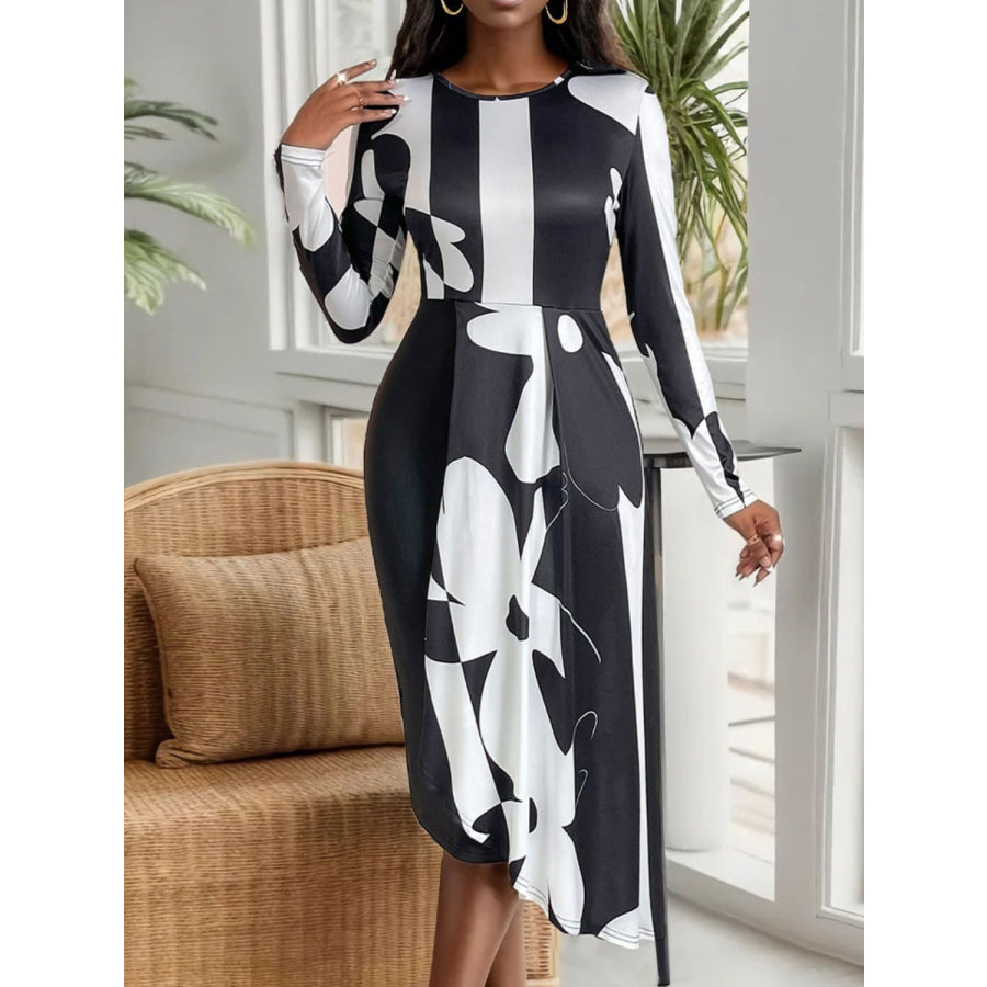 Asymmetrical Slit Round Neck Long Sleeve Midi Dress Black / S Apparel and Accessories