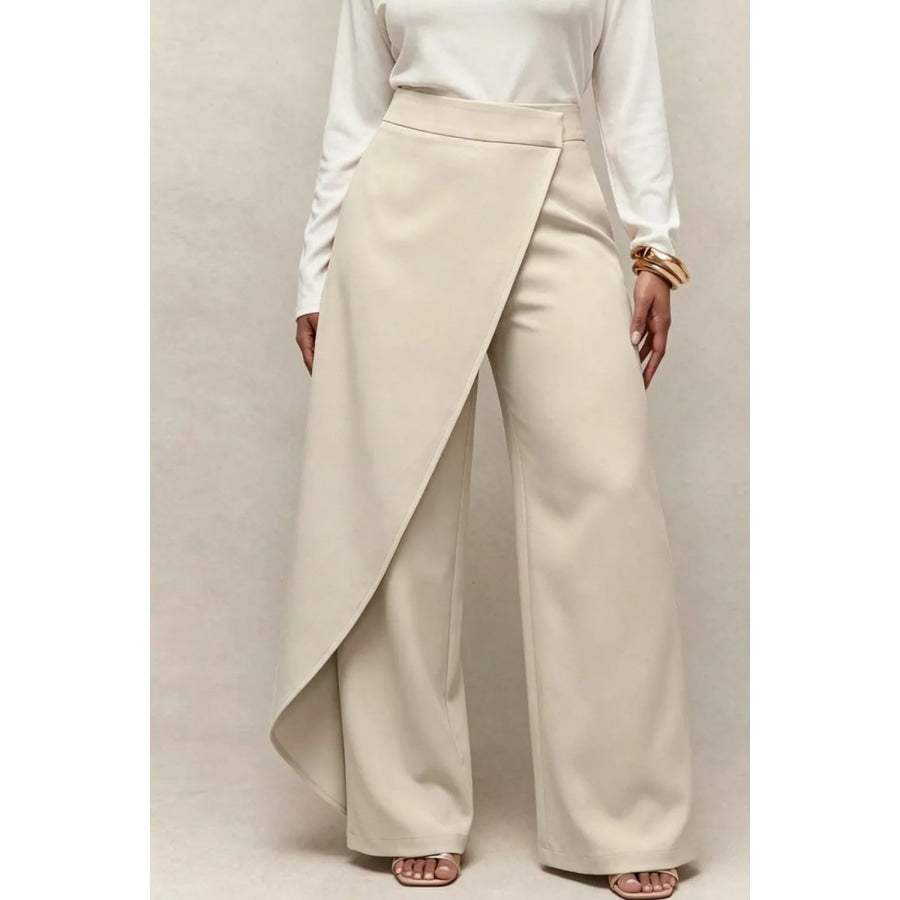 Asymmetrical Wrap Wide-Leg Pants Beige / S Apparel and Accessories