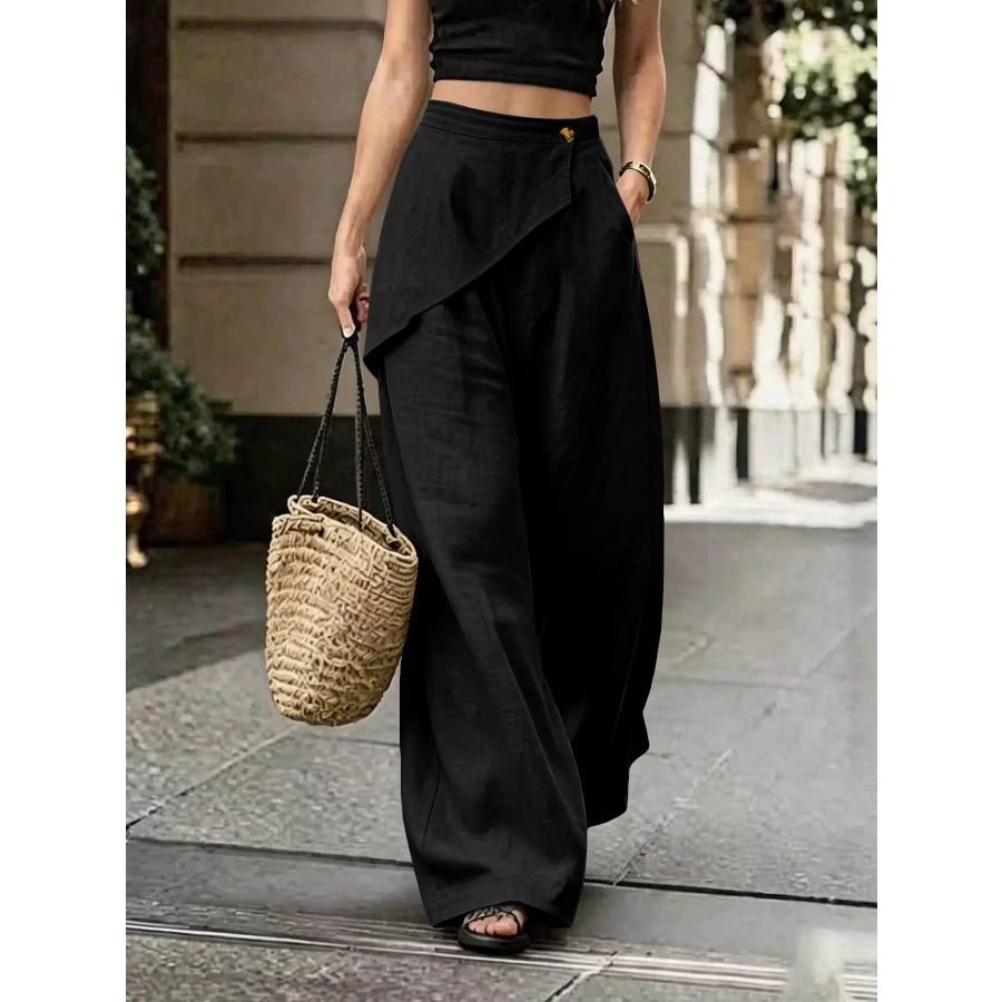Asymmetrical Wrap Wide-Leg Pants Black / S Apparel and Accessories